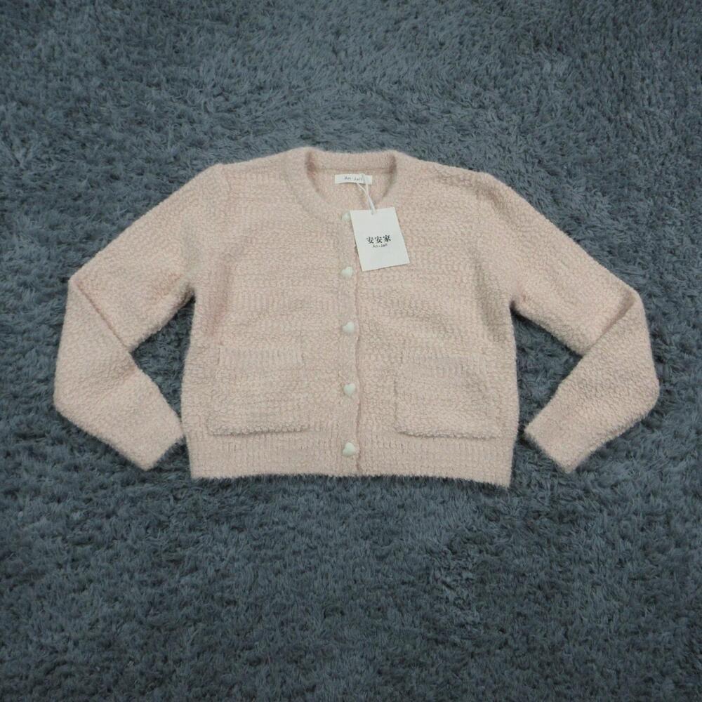 An·Jell Cardigan Womens M Pink Chunky-Knit Collarless Pockets Acrylic NWT
